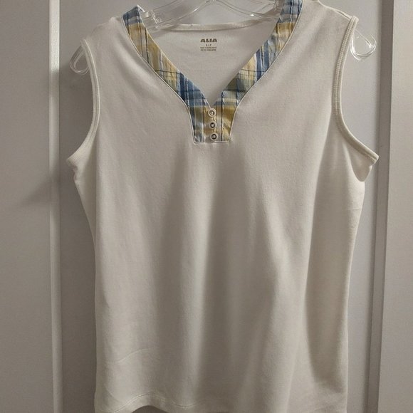 ALIA Women's Cotton-Blend Sleeveless Top with Plaid Neckline Trim - Sz S/P - Picture 1 of 6